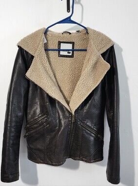 Women's Brown Faux Leather Jacket with Cream Sherpa Lining